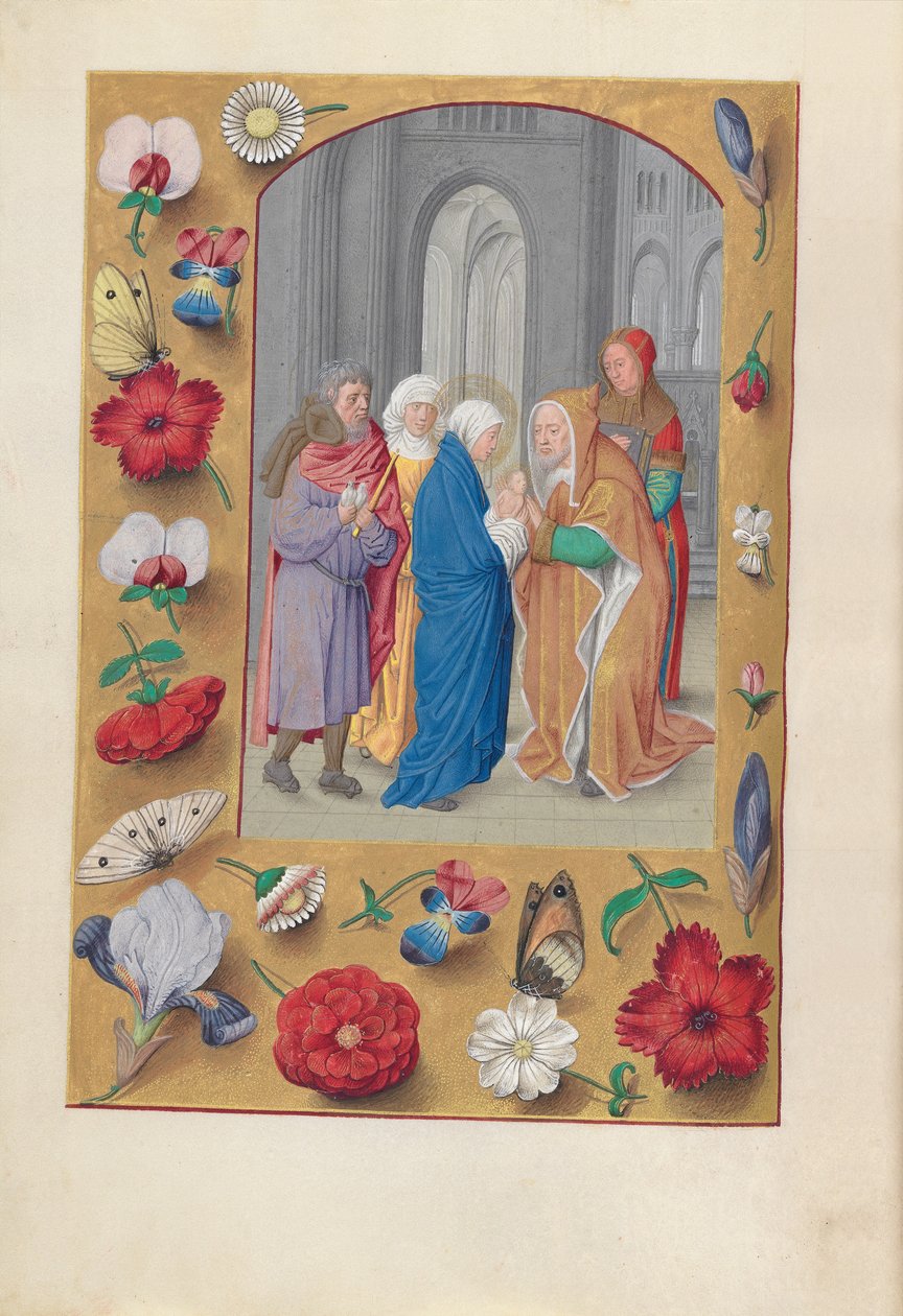 ساعات الملكة إيزابيلا الكاثوليكية ، ملكة إسبانيا: فل. 141v ، عرض في الهيكل ، c1500. بواسطة سيد كتاب الصلاة الأول لماكسيميليان