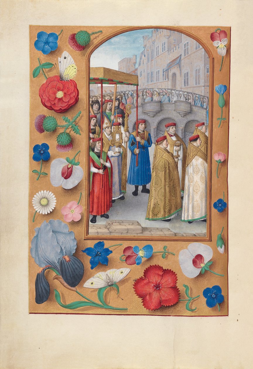 ساعات الملكة إيزابيلا الكاثوليكية ، ملكة إسبانيا: فل. 43v ، موكب القربان ، c1500. بواسطة سيد كتاب الصلاة الأول لماكسيميليان