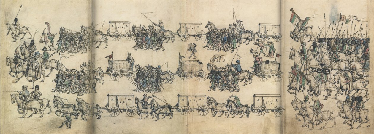 قطار الجيش من كتاب القرون الوسطى لقلعة وولفج ، حوالي 1485 بواسطة ماجستير في كتاب Housebook لقلعة وولفج