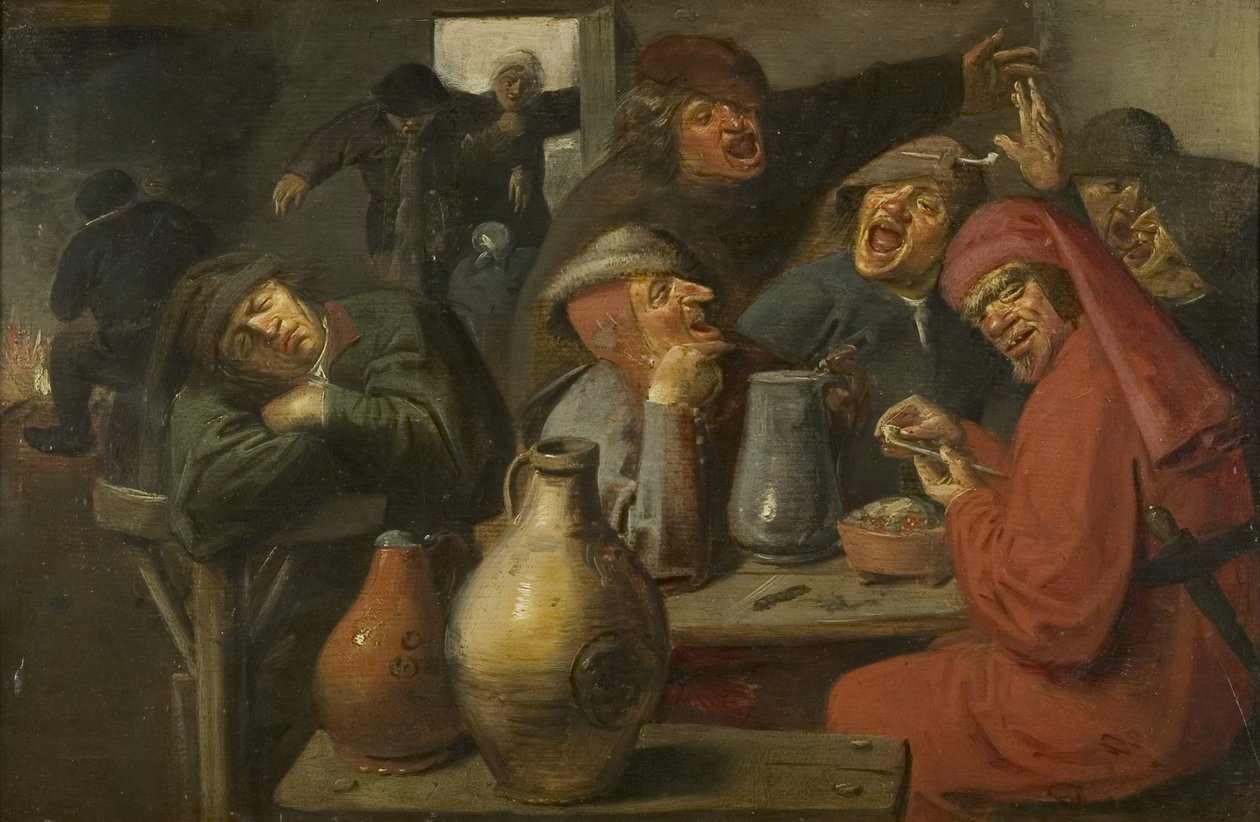 داخل حانة ، فلاحون كاروسينج ، حوالي 1635 (زيت على لوح) بواسطة سيد الجرة الكبيرة
