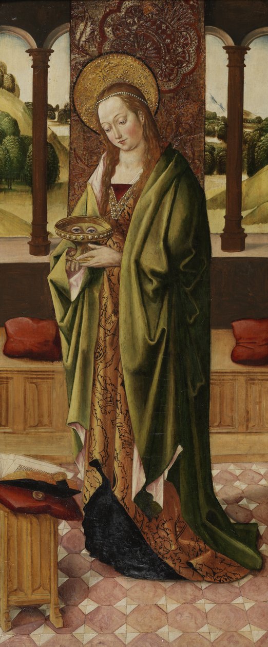 ثلاثية من العذراء والطفل بملائكين ، تفاصيل سانت لوسي من اللوحة اليمنى ، c.1500 (انظر أيضًا 225326 ، 225327) بواسطة سيد لي تريبتيك سيد لي تريبتيك