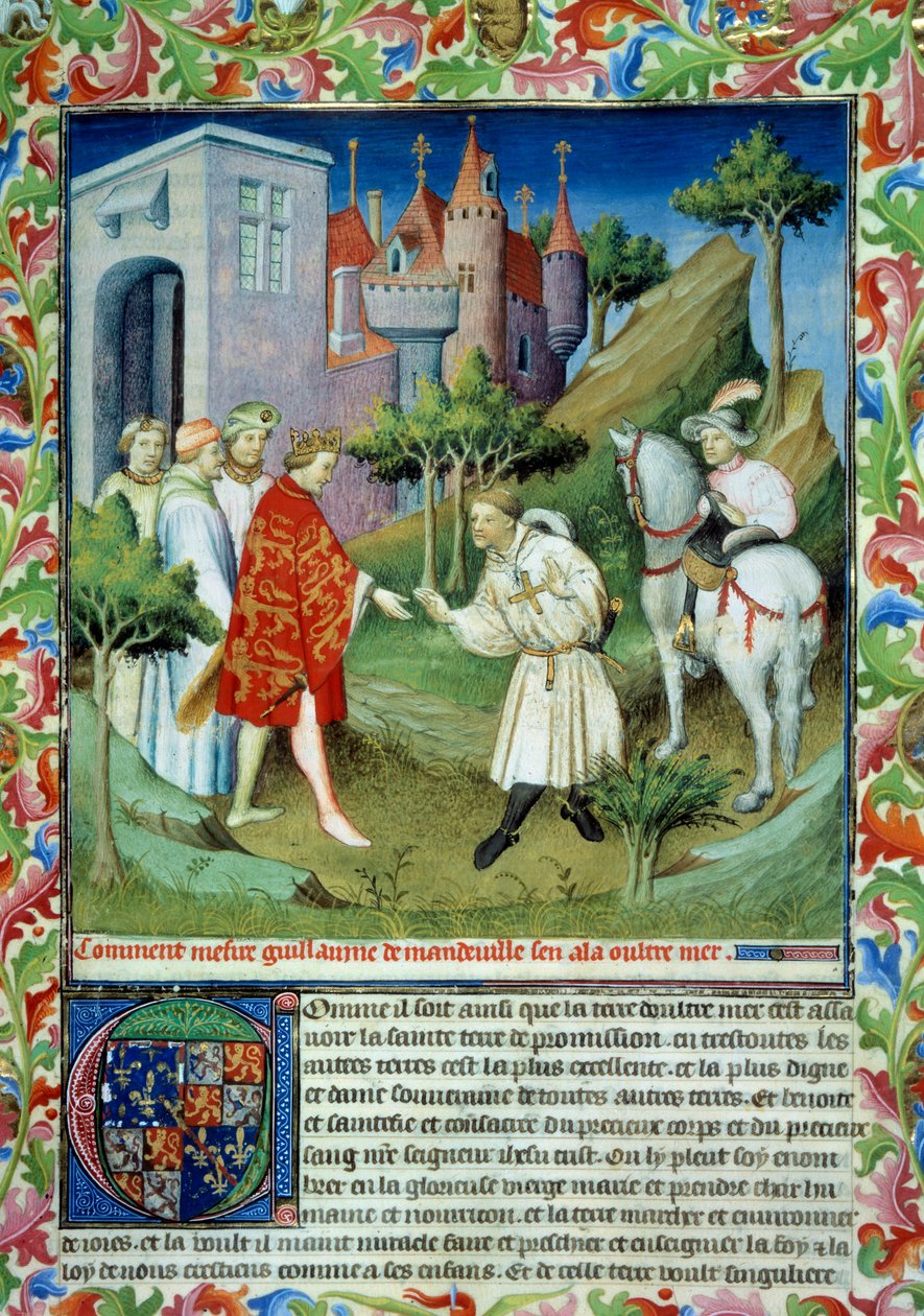أخذ جون ماندفيل (1300-1372) من الملك إدوارد الثاني وغادر إنجلترا. صورة مصغرة في "" كتاب عجائب العالم "" السيدة 2810. ورقة 141. مخطوطة منير بواسطة سيد مزارين ، كتبها جون (جيهان) من ماندفيل (1300؟ -1372) بواسطة سيد المزارين