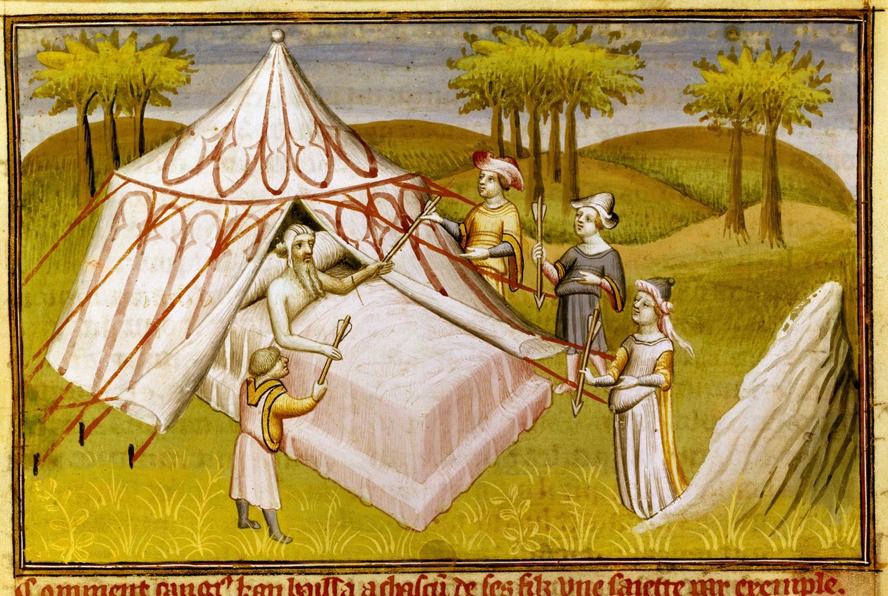القائد المنغولي جنكيز خان على فراش الموت يعطي توصياته الأخيرة لأبنائه ، حوالي 1410 (صورة مصغرة) بواسطة سيد المزارين