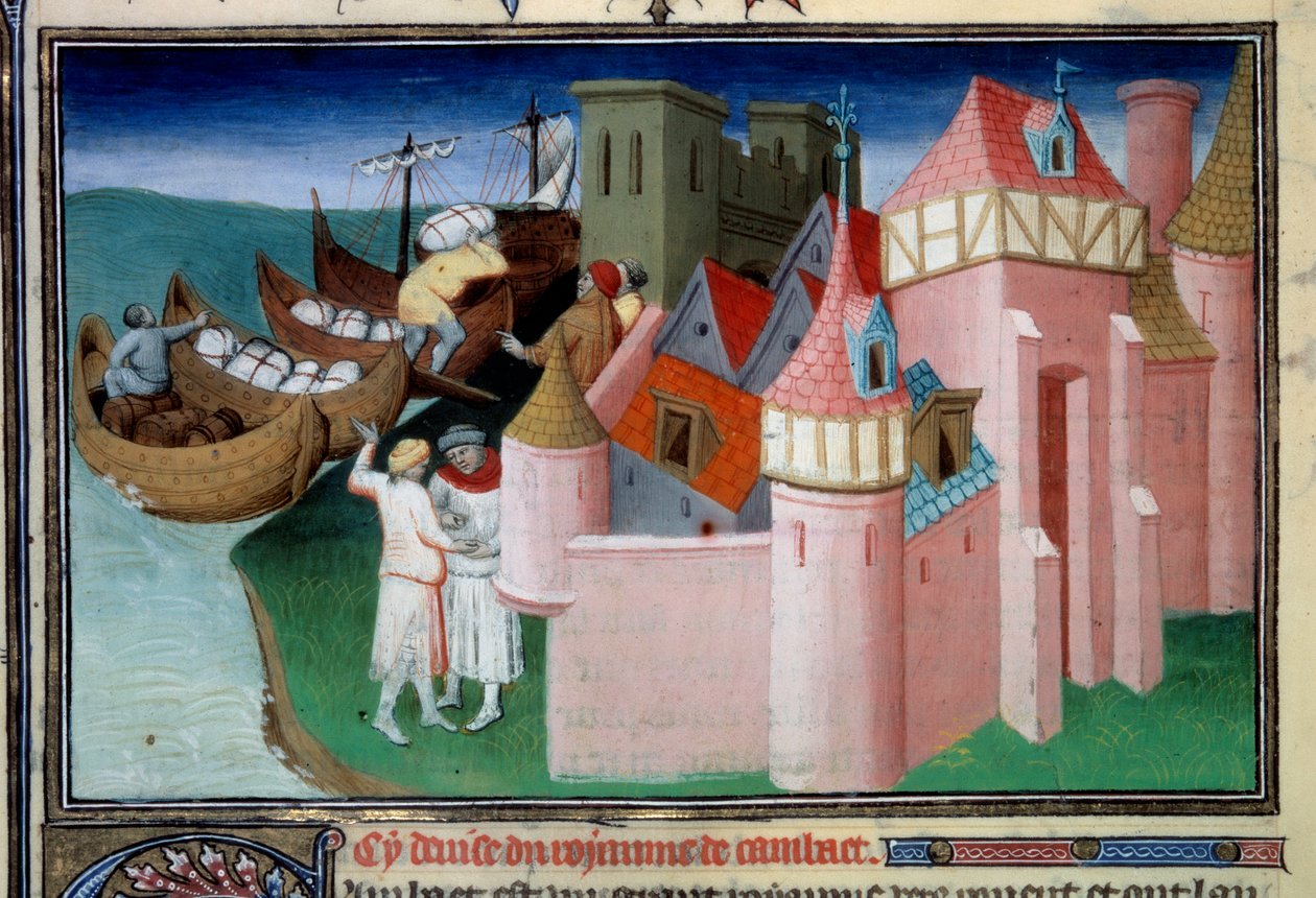 تفريغ كرات في مدينة خامبهات بالهند. صورة مصغرة في "" كتاب العجائب "" ("" Devisement du monde "،" "Il Milione") Ms2810 ، Folio 86v. مخطوطة وضعها سيد مزارين وكتبه ماركو بولو (1254-1324) ، كاليفورنيا. 1410-1412. BN ، على قدم المساواة بواسطة سيد المزارين