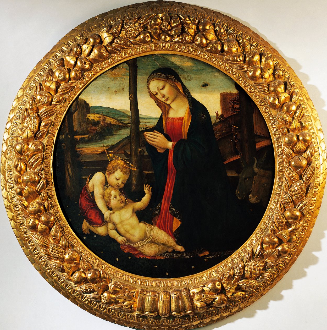 Madonna and Child with the infant Saint John the Baptist, painting attributed to the Master of Tondo Miller (end of 15th century). بواسطة سيد ميلر توندو (سمة إلى)