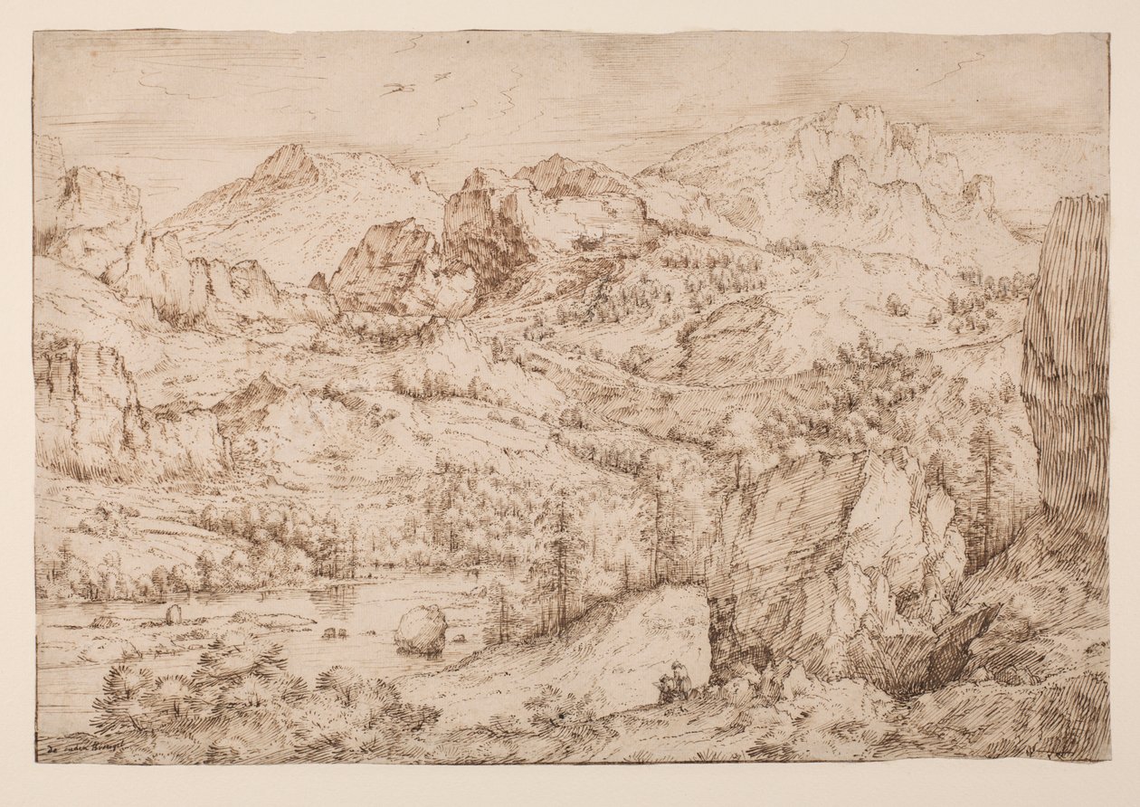منظر طبيعي مع رسم فنان ، حوالي 1606-08 حوالي (قلم وحبر وطباشير أسود على ورق) بواسطة سيد المناظر الطبيعية الجبلية