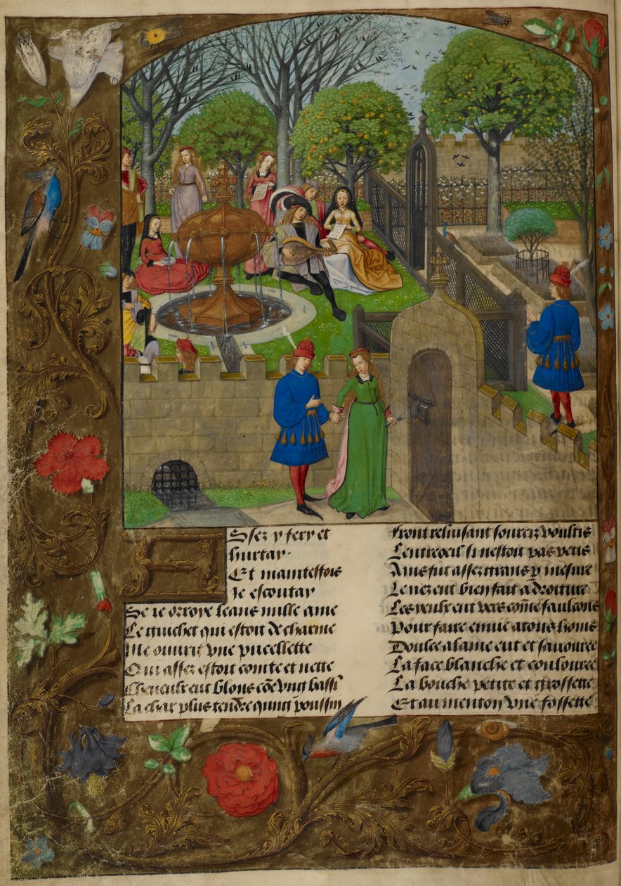 Harley_4425_f12v عازف ومغني في حديقة مسورة. The Lover and Dame Oyseuse (الخمول) خارج جدران الحديقة ، رسم توضيحي من "Roman de la Rose" بقلم Guillaume de Lorris بواسطة ماجستير في كتب الصلاة