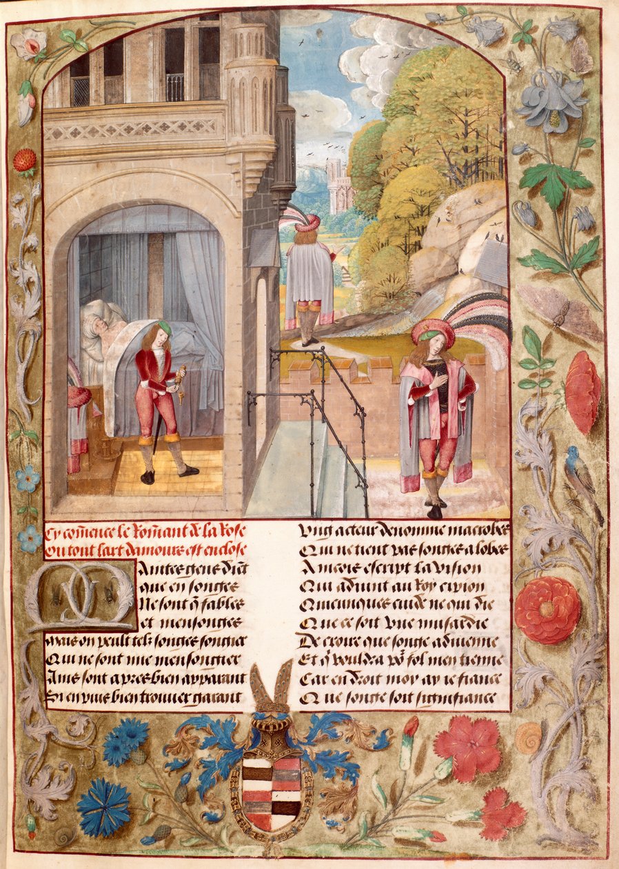 Harley 4425، fol.7 The Lover Asleep، Rising and Going to the Garden of Love، from "Roman de la Rose" لـ Guillaume de Lorris and Jean de Meung، c.1490-1500 (ورق) بواسطة ماجستير في كتب الصلاة