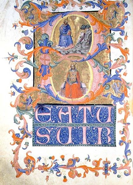 ds 559 f.44v الحرف الأول التاريخي "ب" مع الخلق والملك داود وهو يعزف على القيثارة ، من كتاب جوقة (ورق) بواسطة سيد المزامير