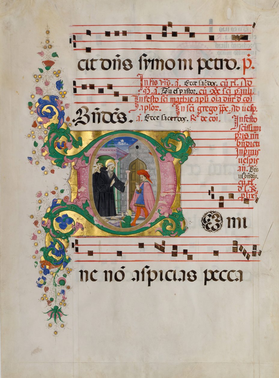 ورقة مخطوطة مع القديس بنديكتوس لإنعاش صبي في أول د ، من Antiphonary. بواسطة سيد Riccardiana Lactantius