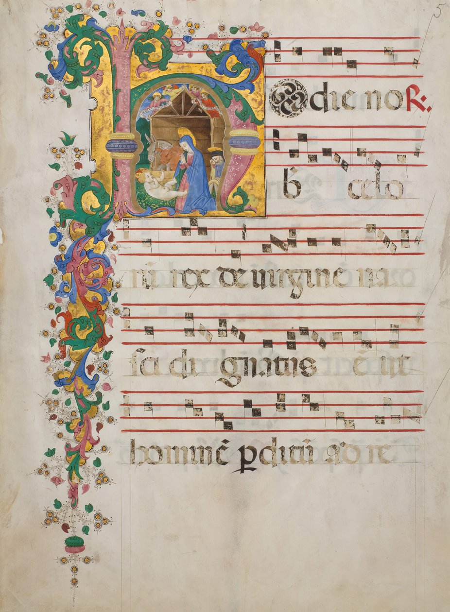 مخطوطة ورقة مع الميلاد في البداية H ، من Antiphonary ، الإيطالية ، النصف الثاني من القرن الخامس عشر الميلادي بواسطة سيد Riccardiana Lactantius