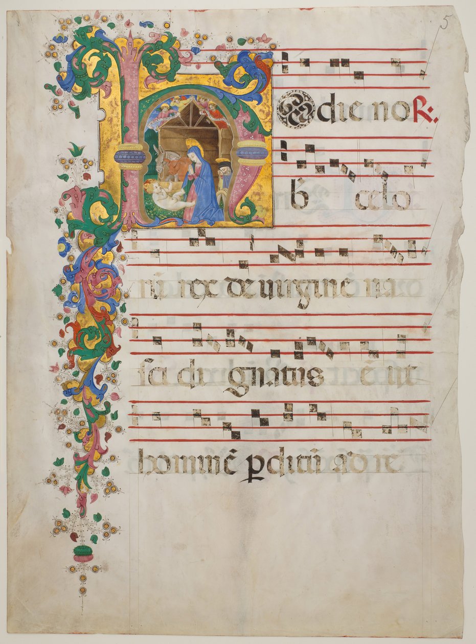 مخطوطة ورقة مع الميلاد في البداية H ، من Antiphonary ، النصف الثاني من القرن الخامس عشر. بواسطة سيد Riccardiana Lactantius