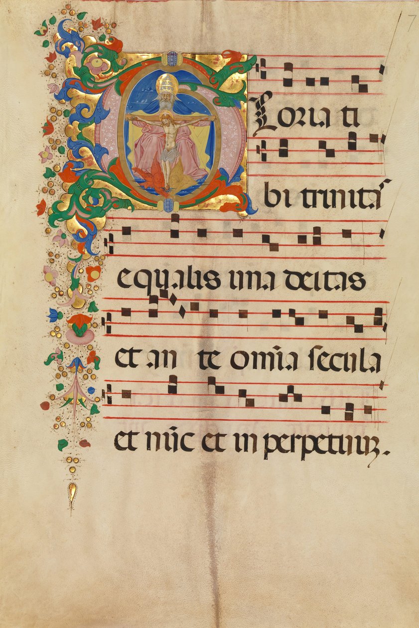 ورقة مخطوطة مع الثالوث في البداية G ، من Antiphonary ، الإيطالي ، النصف الثاني من القرن الخامس عشر بواسطة سيد Riccardiana Lactantius