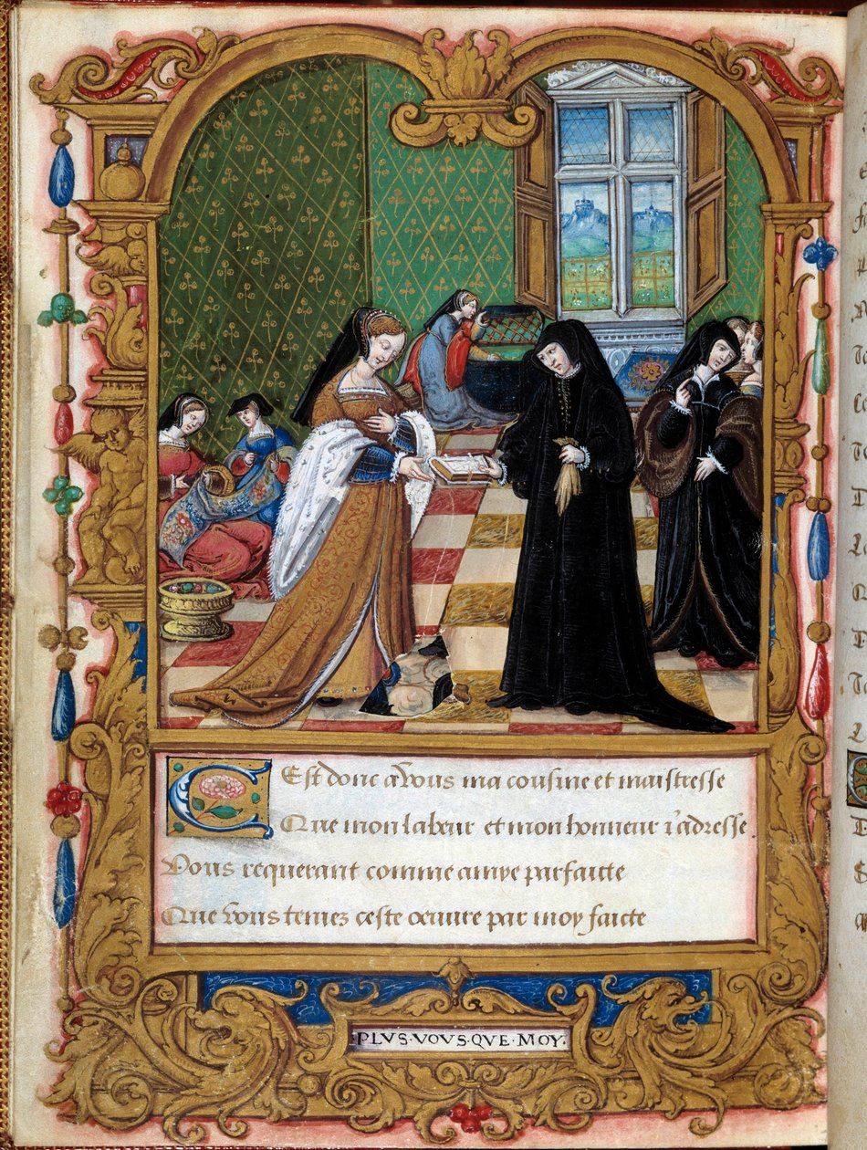 مارغريتا من أنغوليما (1492-1549) ملكة نافار تقدم كتابها إلى دوقة إيتامبيس والمفضلة لدى فرانسوا الأول آن بيسيلو الصفحة المأخوذة من مخطوطة "لا كوش أو ديبات دامور" "لمارجريت من أنغوليما التي أضاءها السيد روهان بواسطة سيد ساعات روهان