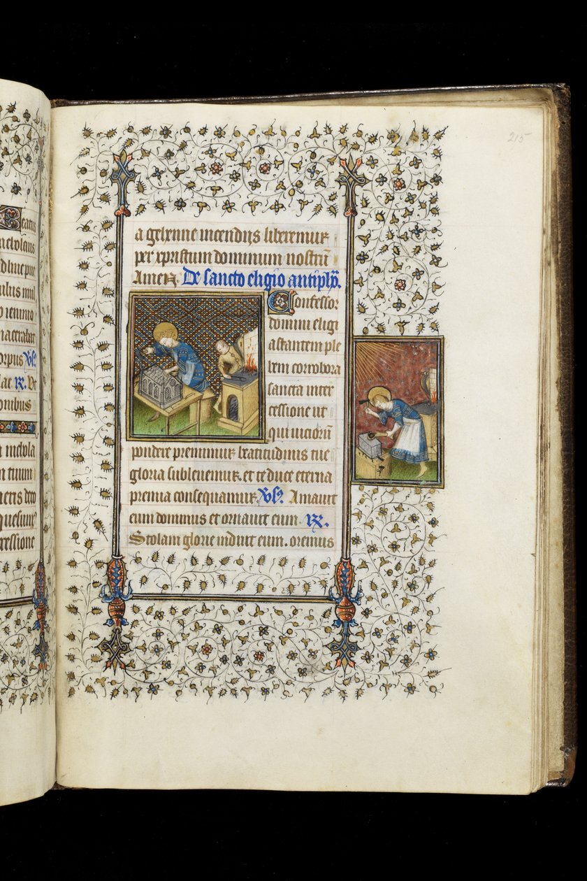 Ms 62 f.215r القديس اليجيوس يصنع مزارًا ؛ القديس إيليجيوس في سندان ، من كتاب الصلوات ، حوالي 1445-50 (ورق) بواسطة سيد ساعات روهان