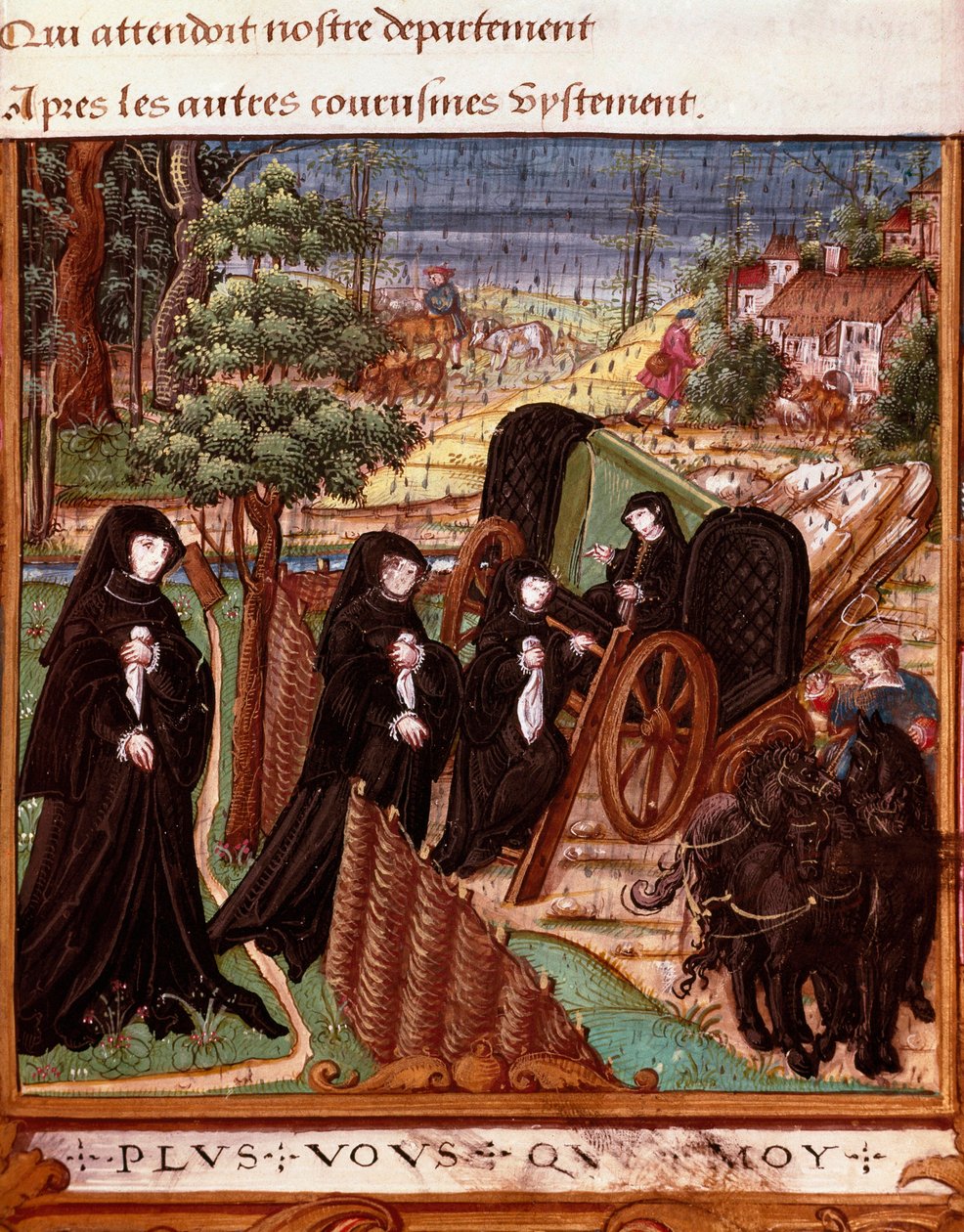 تمثيل لملكة نافارا مارغريتا من أنغوليما (1492-1549) محاطة بسيدات رفيقاتها على متن عربة في نزهة على الأقدام "" الصفحة مأخوذة من مخطوطة "لا كوش أو ديبات دامور" "" لمارجريت من أنغوليما تعدادها من قبل ما بواسطة سيد ساعات روهان