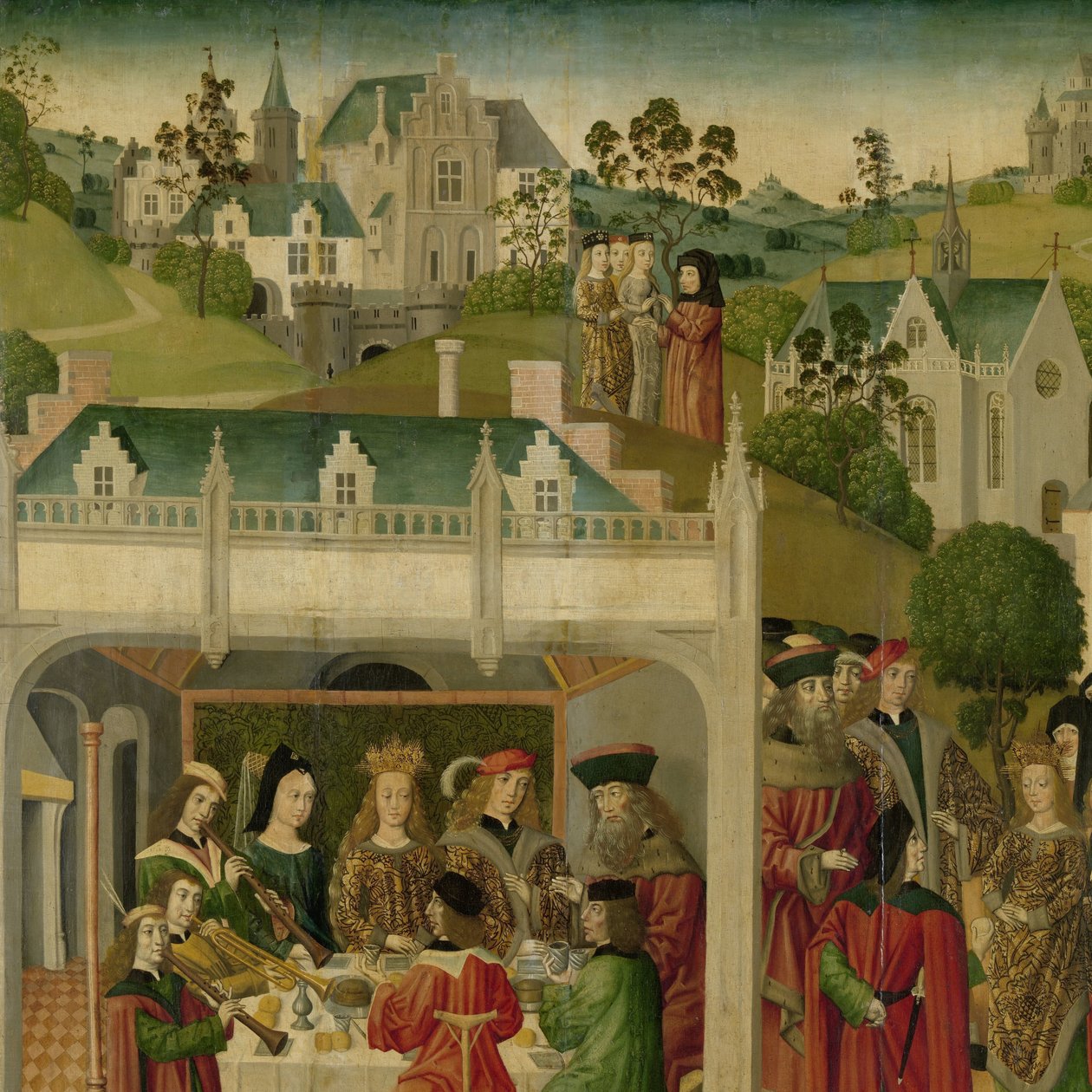 عيد زفاف القديسة إليزابيث من المجر ولويس من تورينجيا في وارتبورغ ، الجناح الأيسر الداخلي لمذبح مصنوع من أجل غروت كيرك في دوردريخت بواسطة سيد لوحات سانت اليزابيث