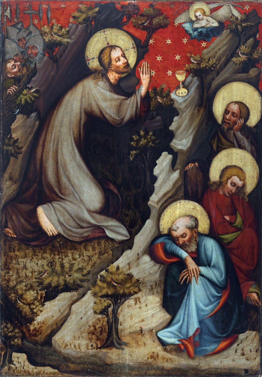 Agonie dans le jardin des Oliviers - المسيح على جبل الزيتون - سيد Wittingau (Master of the Trebon Altarpiece) (نشط حوالي 1380-1390). تمبرا على لوحة ، حوالي 1380. المتحف الوطني ، براغ بواسطة سيد التريبون Altarpiece