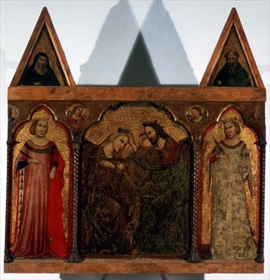 بالثلاثي: تتويج السيدة العذراء محاطًا بقديسين (تمبرا على لوحة) بواسطة سيد التتويج Urbino