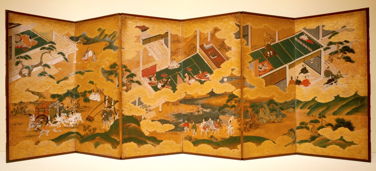 حكايات جينجي ، حوالي عام 1650 (حبر ، لون وورقة ذهبية على ورق ، شاشة ذات ستة أضعاف) بواسطة ماتابي إيواسا