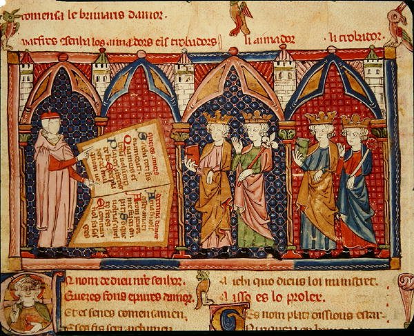 Fol.5v ماجستير Ermengaut يقدم كتابه لأربعة ملوك بواسطة Matfre Ermengaut