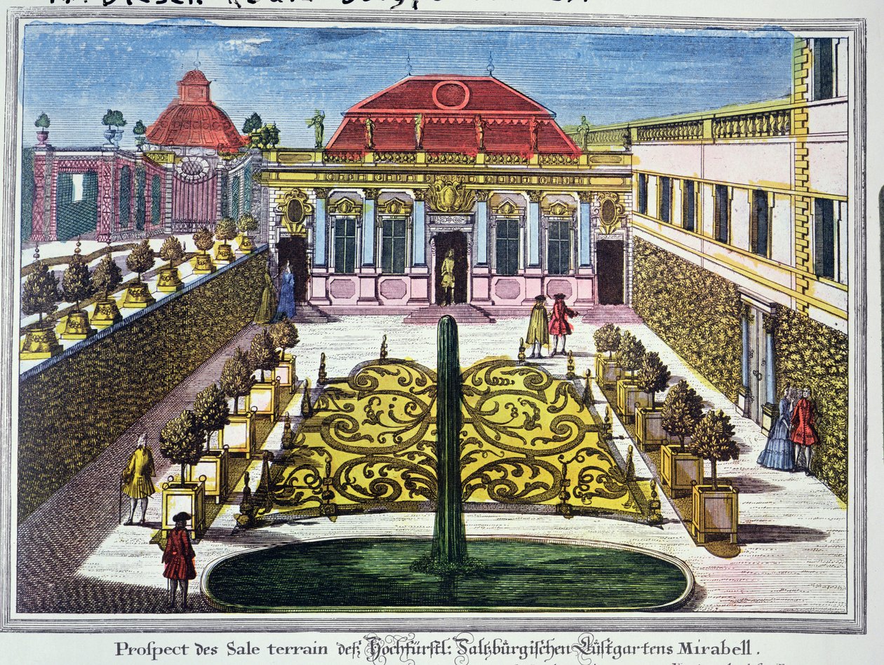 حدائق ميرابيل بارك ، سالزبورغ ، النمسا ، محفورة من قبل كارل ريمشارت (1678-1735) ج .1720 (نقش ملون) بواسطة ماتياس ديزل