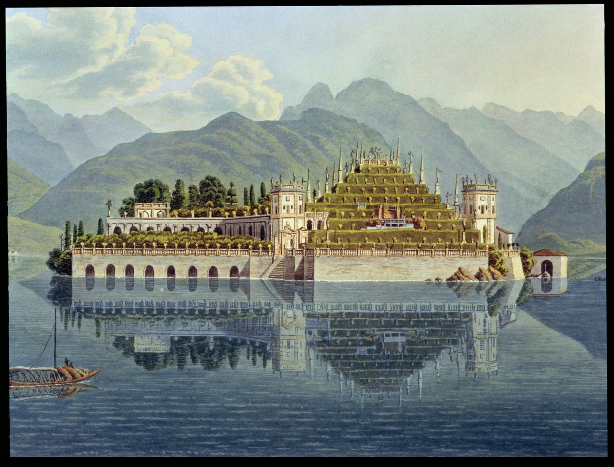 Isola Bella ، بحيرة Maggiore: الحدائق المدرجات ، من "Le Simplon، Voyage Pittoresque de Geneve a Milan" ، تم نشره عام 1819 بواسطة ماتياس غابرييل لوري