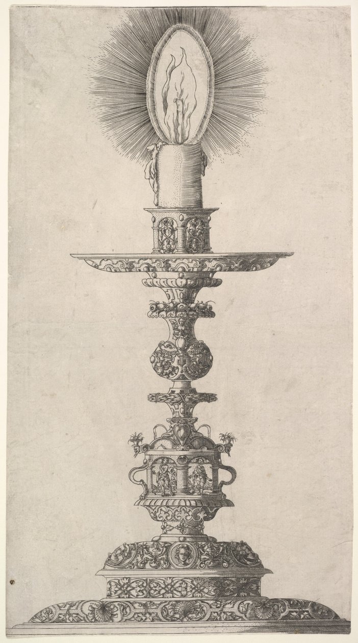 شمعدان مع شمعة مضاءة من: Insigne Ac Plane Novum Opus Cratero Graphicum، Ein n ...، 1551. بواسطة ماتياس زوندت