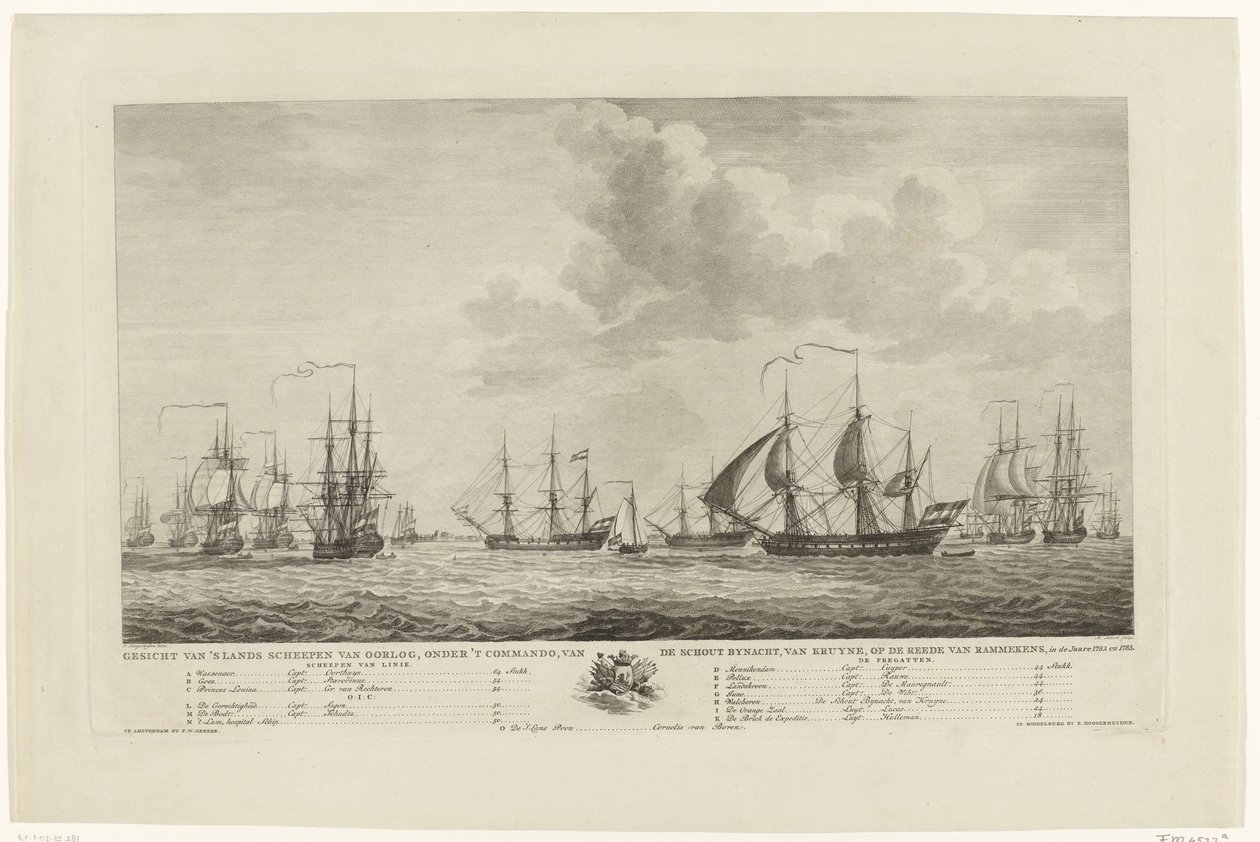 أسطول الحرب الهولندي قبالة رامكينز ، 1782-1783 Gesicht لسفن الحرب في البلاد ، تحت قيادة الأدميرال الخلفي ، فان كروين ، على طريق رامكينز ، في عامي 1782 و 1783 (العنوان على الجسم) بواسطة ماتياس دي ساليث