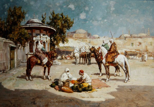 المحاربون العرب في ساحة السوق ، حوالي عام 1910 (زيت على لوح) بواسطة ماتيو دا أنجيلو روسوتي