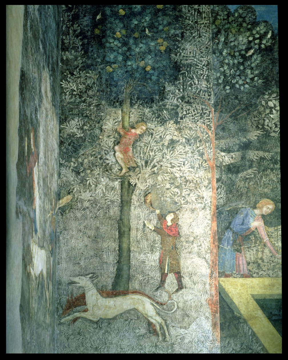 كلاب الصيد والرجال الذين يتسلقون شجرة ، تفاصيل المخطط الزخرفي من La Chambre du Cerf Stag Room 1347 fresco بواسطة ماتيو جيوفانيتي