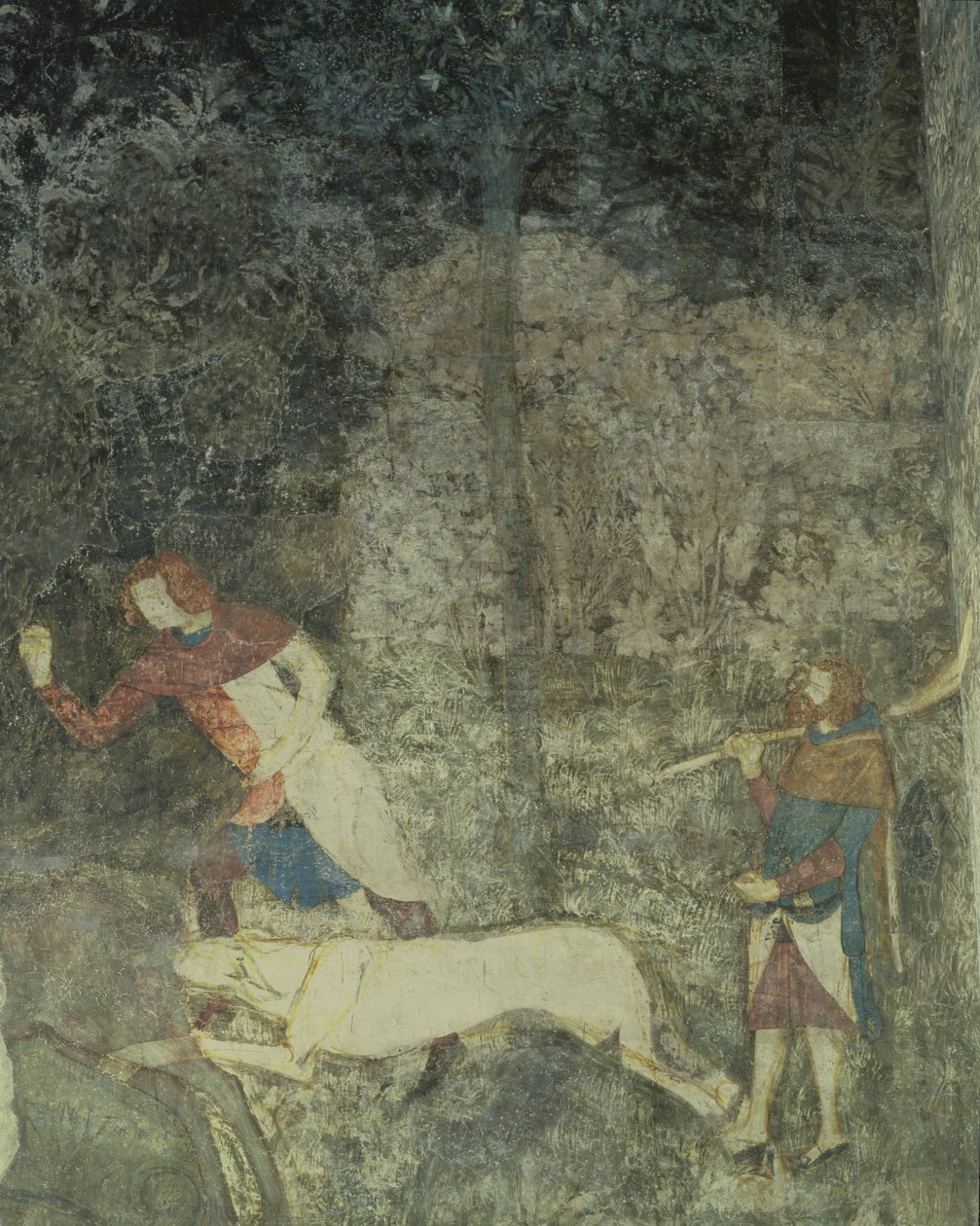 رجال يصطادون مع الكلاب ، تفاصيل مخطط زخرفي من غرفة نوم La Chambre du Cerf Stag 1347 فريسكو بواسطة ماتيو جيوفانيتي