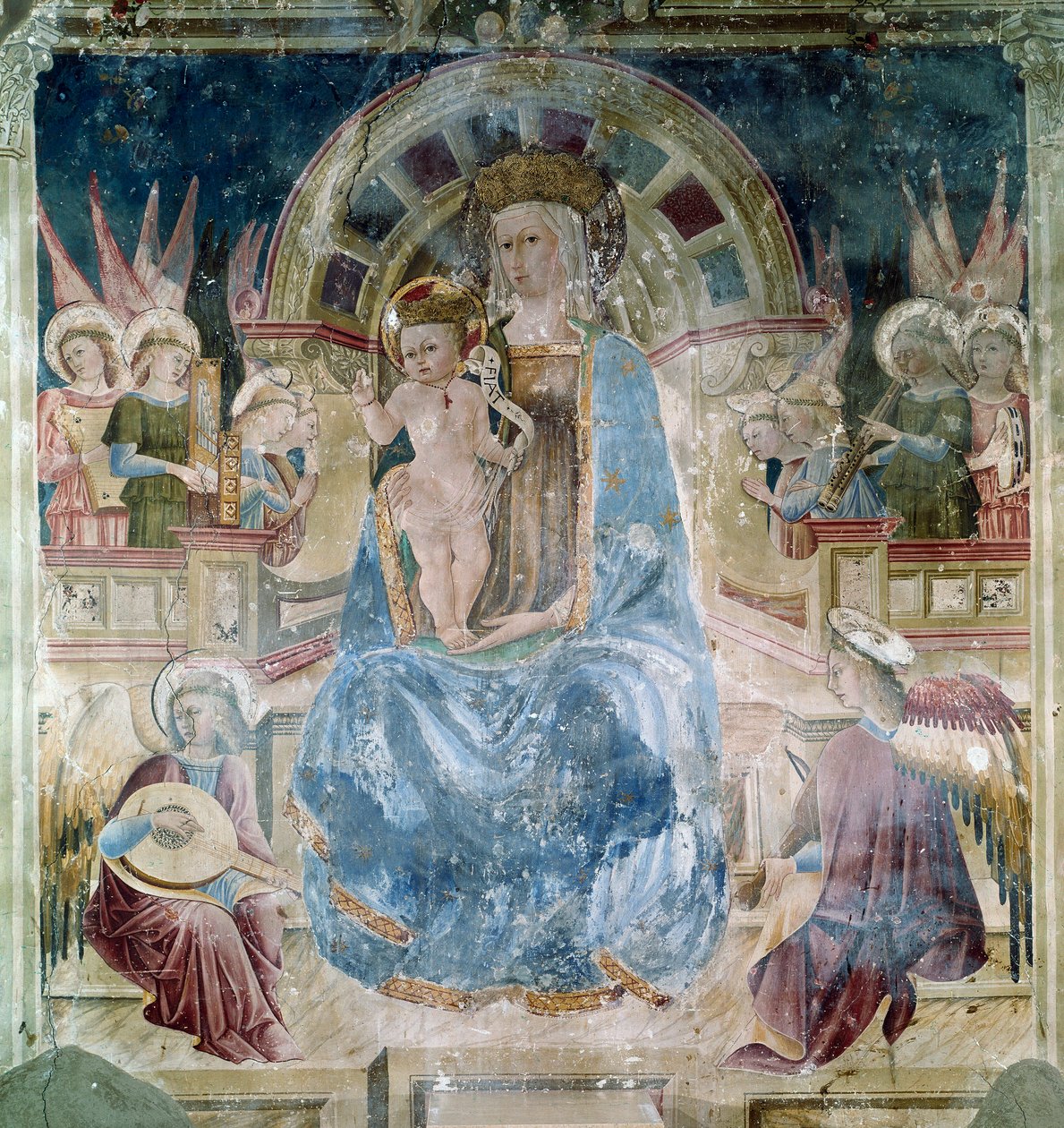 العذراء والطفل محاطان بالقديسين والملائكة في الهواء الطلق بقلم ماتيو دا جوالدو (حوالي 1435-1507) بازيليك القديس فرانسوا (سان فرانسيسكو) ، الكنيسة العليا ، أسيزي بواسطة ماتيو دا جوالدو
