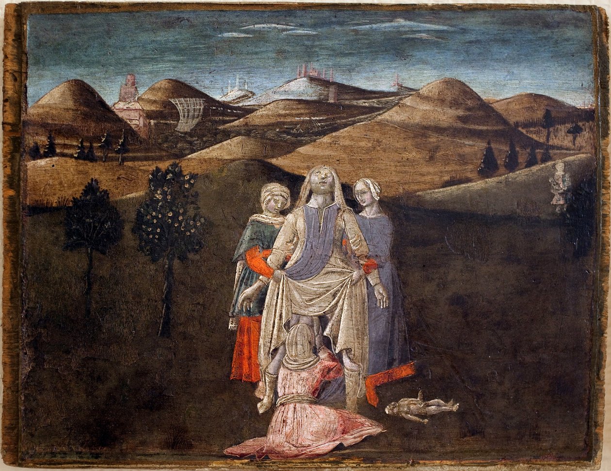 أسطورة رومولوس وريموس: ولادة ريا سيلفيا. لوحة ماتيو دي جيوفاني (1430-1495) ، ديتريمب على الخشب ، 27.9 × 35.7 سم. الفن الإيطالي القرن الخامس عشر. متحف الفنون الجميلة في ليبورن. بواسطة Matteo di Giovanni di Bartolo