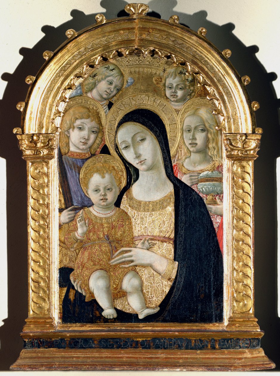 العذراء مع الطفل يسوع ، القديس ميخائيل ، القديسة مريم المجدلية (لوحة على الخشب بواسطة Matteo di Giovanni di Bartolo