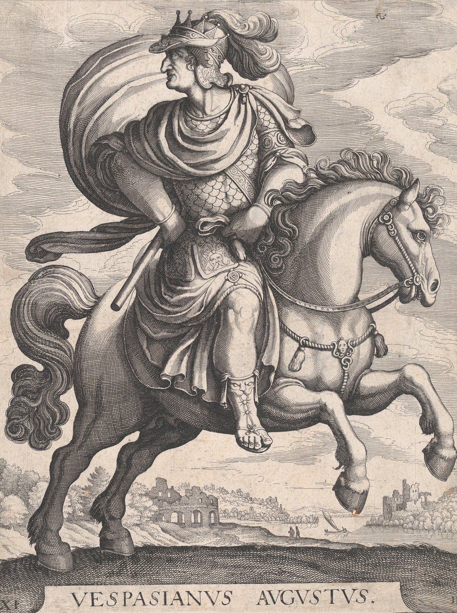 الإمبراطور فيسباسيان على ظهور الخيل ، من سلسلة أول اثني عشر قيصرًا رومانيًا ، اللوحة 1 ... ، 1610-50. بواسطة ماتيوس ميريان