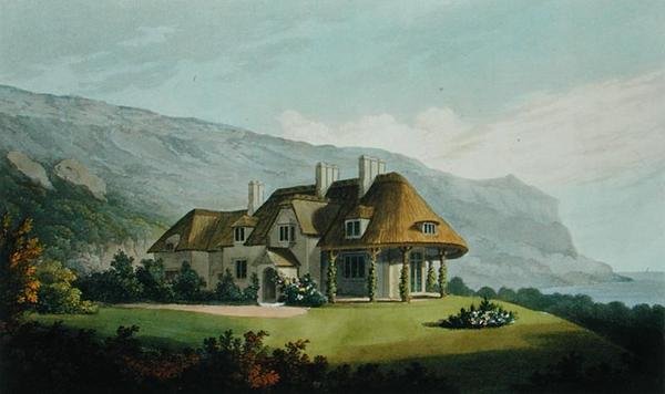 فيلا على شاطئ البحر مسقوفة لجيمس فاين Esq. ، في Puckaster ، Isle of Wight ، من Villa Architecture: مجموعة من المناظر ، مع الخطط ، للمباني المنفذة في إنجلترا واسكتلندا ، بواسطة روبرت لوغار ، حانة بواسطة ماثيو دوبورج