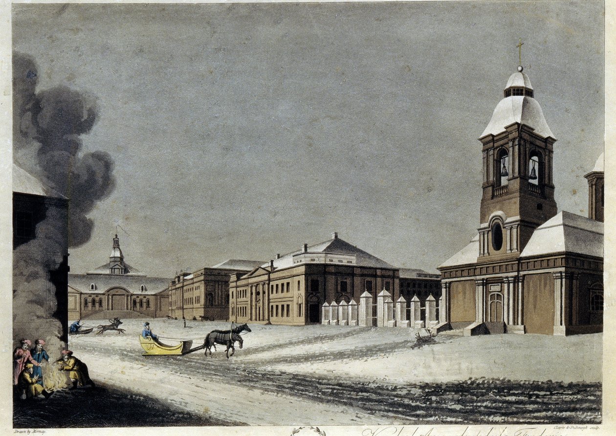 مسبك الترسانة والمدافع في سانت بطرسبرغ. (ارسنال ومسبك المدفع في بطرسبورغ). وصف المباني في منتصف الشتاء ، بزلاجات تنزلق على الثلج ومجموعة من الأفراد يدفئون أنفسهم حول النار. عمل بواسطة ماثيو دوبورج
