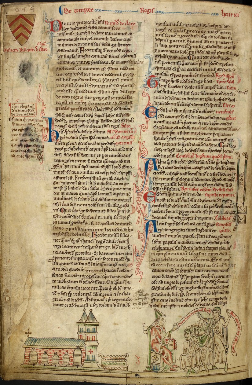 Royal 14C VII ، f.138v Westminster Abbey and the Shrine of St. Edward ؛ على اليمين ، البابا إنوسنت الرابع في مجلس ليون ، رسم توضيحي من "هيستوريا أنجلوروم" بواسطة ماثيو باريس
