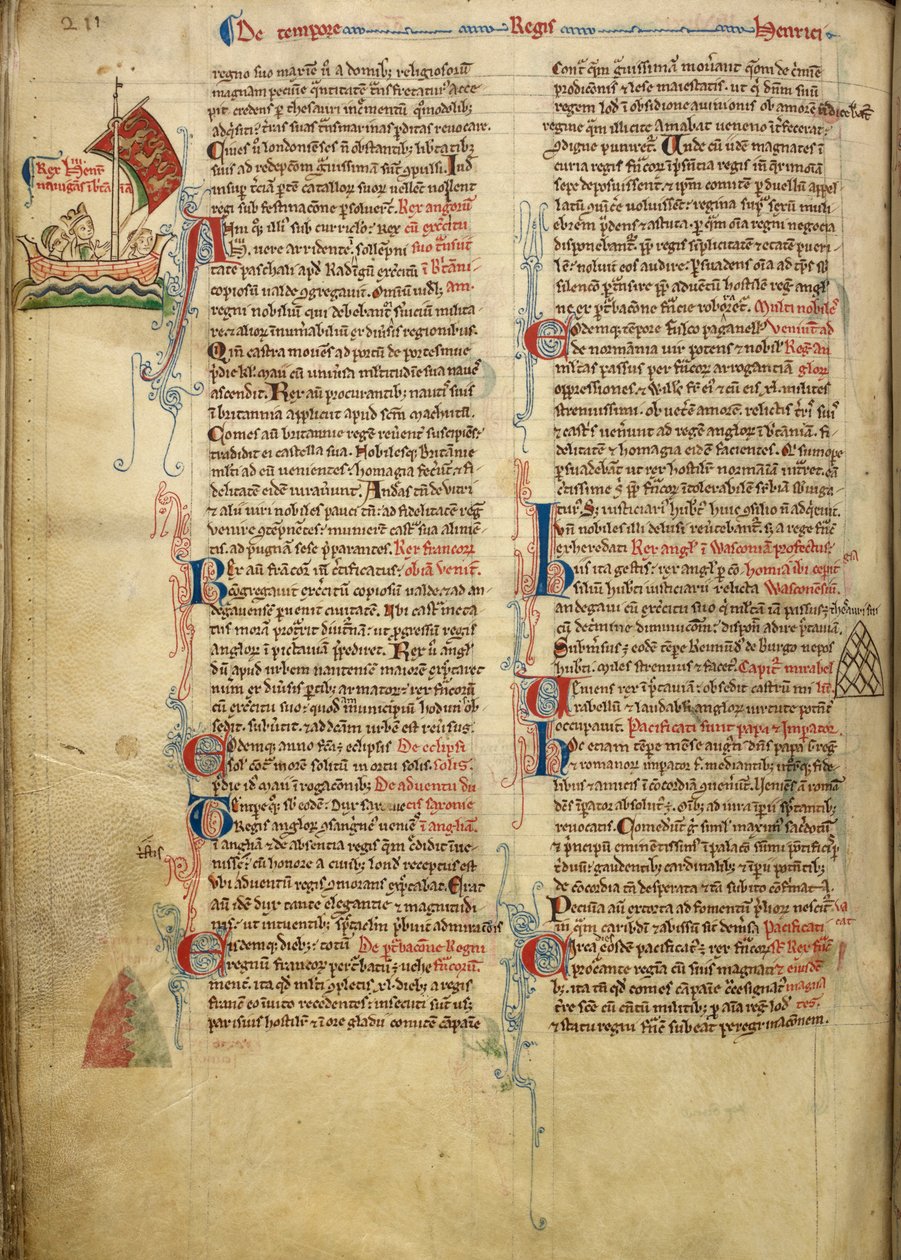 Royal 14 C. VII، f.116v رسم هامشي للملك هنري الثالث وهو يبحر عبر القناة الإنجليزية إلى بريتاني ، مع جزء من النص المصاحب بيد المؤلف ، رسم توضيحي من "هيستوريا أنجلوروم" بواسطة ماثيو باريس