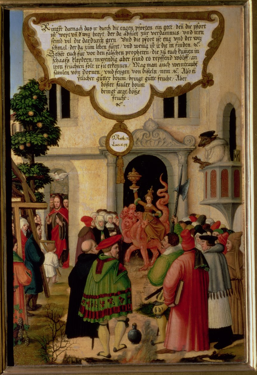 احذروا الانبياء الكذبة. يأتون إليك بزي الخراف ولكن في القلب هم ذئاب مفترسة "(متى 7 v.15 ، لوقا 6 v.13) ، توضيح لتعاليم المسيح ، قسم من لوحة الجناح من ر بواسطة ماتياس جيرونج أو جيرو