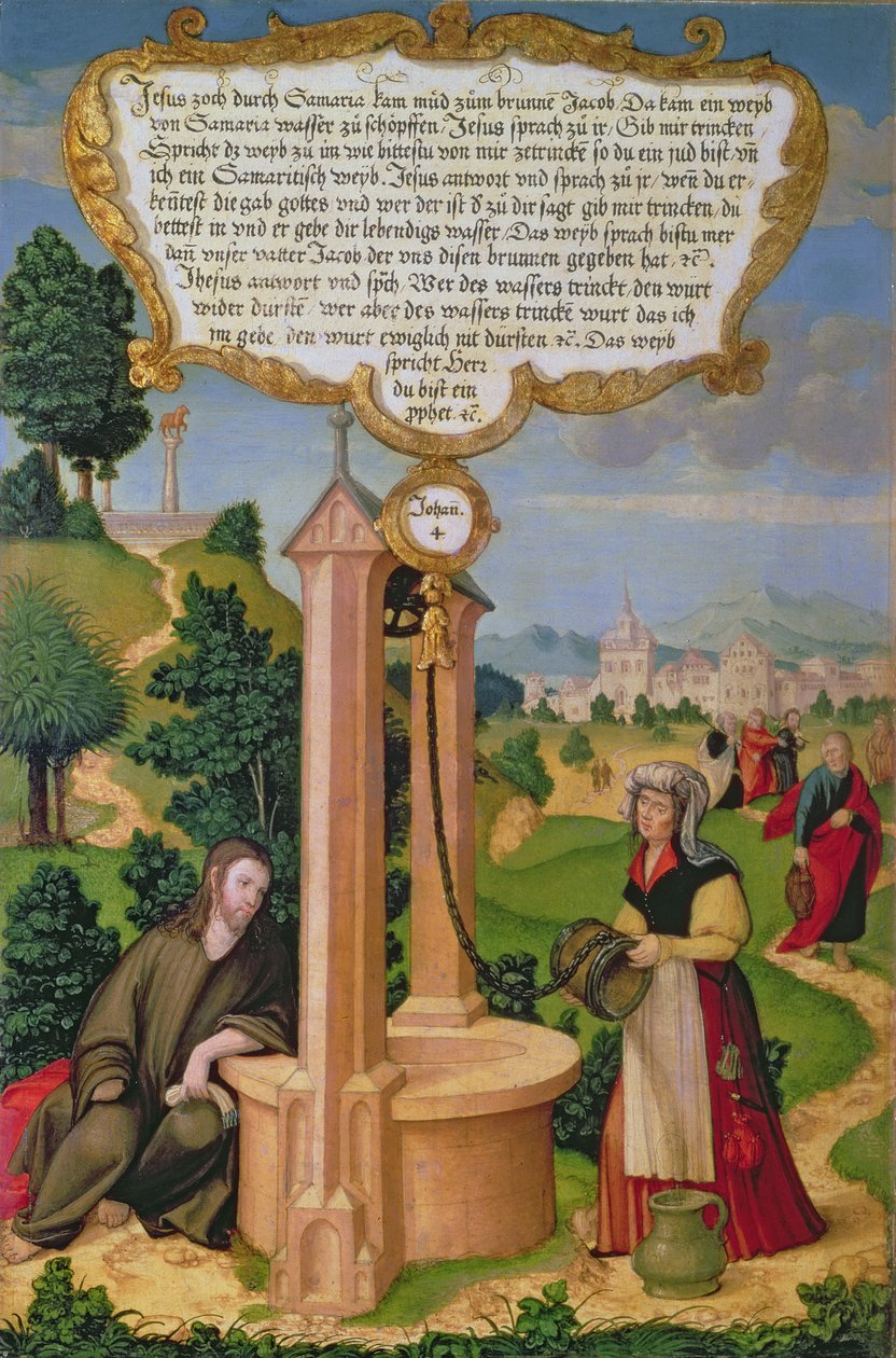 المسيح والمرأة من السامرة في بئر يعقوب ، جزء من لوحة الجناح من Mompelgarter Altarpiece (لوحة) بواسطة ماتياس جيرونج أو جيرو