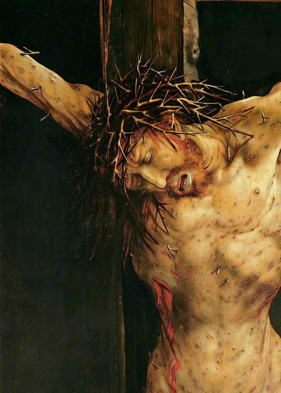 المسيح على الصليب ، التفاصيل من لوحة الصلب المركزية في Isenheim Altarpiece ، c.1512-15 بواسطة ماتياس جرونوالد
