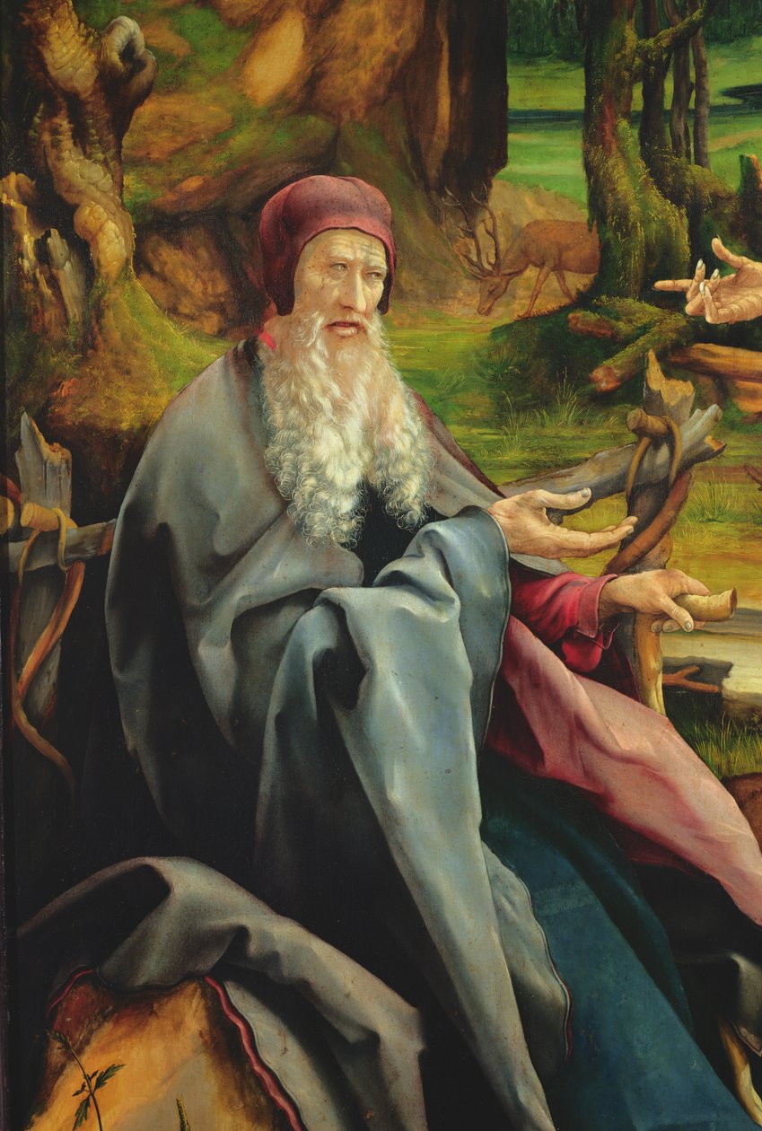 زيارة القديس أنطونيوس إلى القديس بولس المنسك ، التفاصيل من مذبح إيزنهايم ، 1512-1616 (زيت على خشب) بواسطة ماتياس جرونوالد