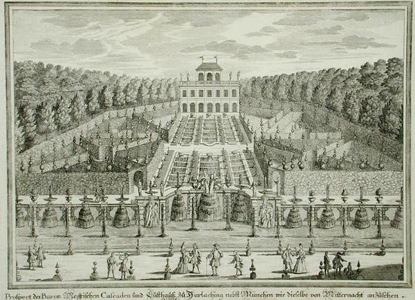 منظر لمنزل أميري بالقرب من ميونيخ ، من 'Erlustierende Augenweide in Vorsetellung Herrliche Garten' ، نقش بواسطة Karl Remshard (1678-1735) ، نُشر عام 1725 (نقش) بواسطة ماتياس (بعد) ديزل