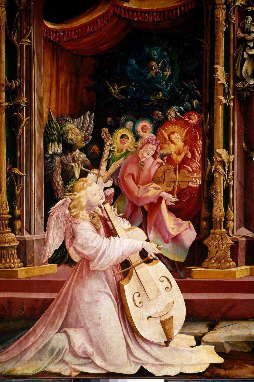 Altarpiece of Issenheim (أو Isenheim): “La Nativite” تفاصيل الحفلة الموسيقية لموسيقي الملائكة. الملاك في الوسط يعزف على فيولا غامبا. لوحات لماتيس نيثاردت جوثاردت ديت ماتياس جرونوالد (1480-1528) (كل شيء) 1512-1516 Dim. 265x304 سم Col بواسطة ماتياس (1480 1528) جرونوالد