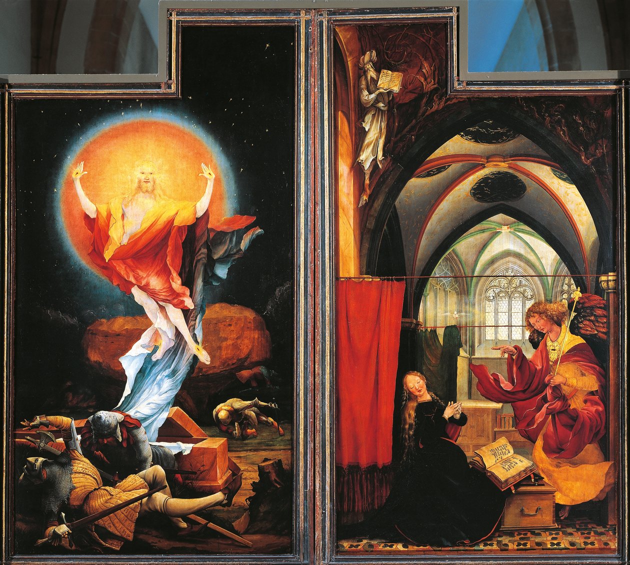 بشارة وقيامة المسيح ، تفاصيل من Isenheim Altarpiece ، حوالي 1512-16 (زيت على لوح) بواسطة ماتياس (1480 1528) جرونوالد