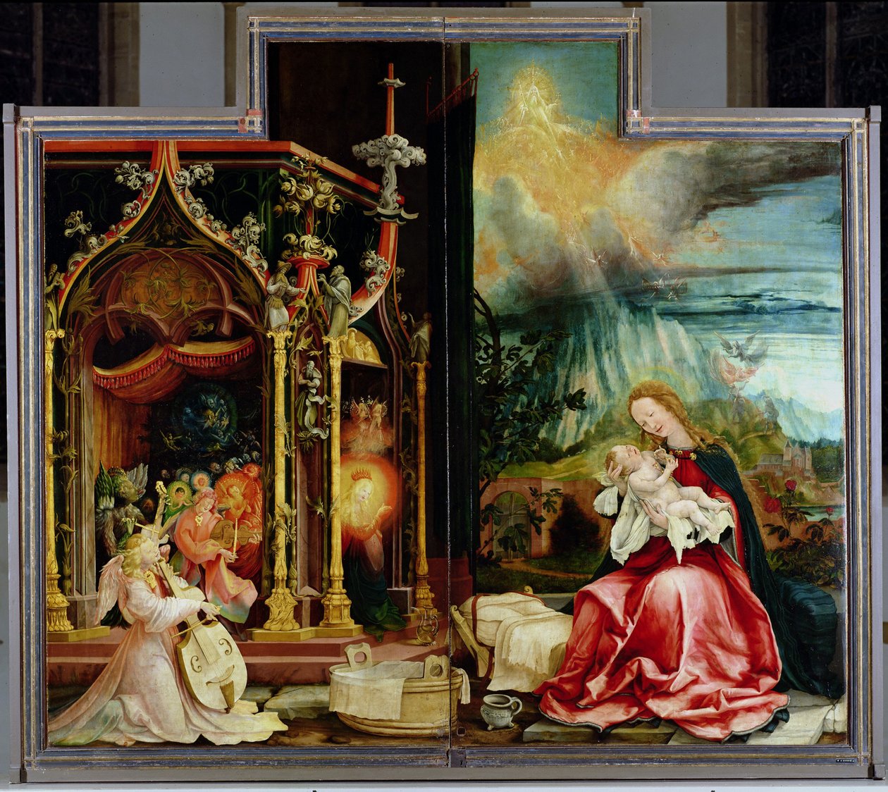 Isenheim Altarpiece. اللوحة المركزية: حفل الملائكة والميلاد ، 1506-1515 بواسطة ماتياس جرونوالد