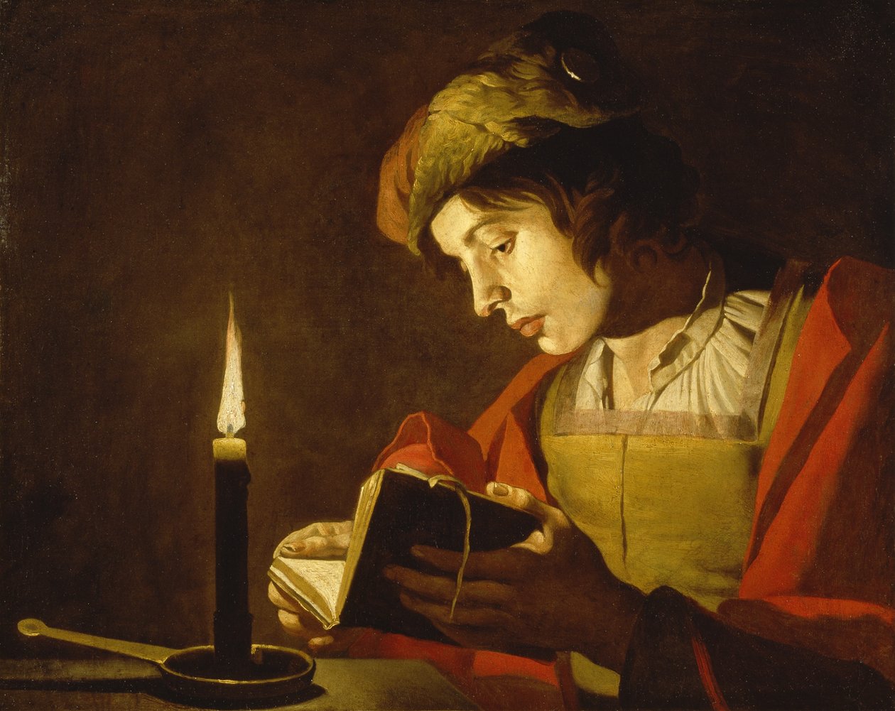 شاب يقرأ القراءة بواسطة ضوء النور ، c.1630 بواسطة ماتياس ستومر