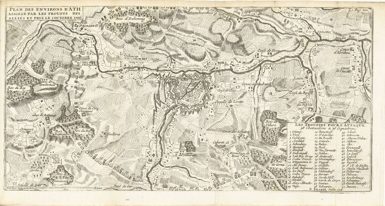 بيلج فان آث ، 1706 مخطط لمحيط آث المحاصر من قبل قوات الحلفاء واتخذ في 2 أكتوبر 1706 (العنوان على الكائن) بواسطة بركة ماتيج (ربما)